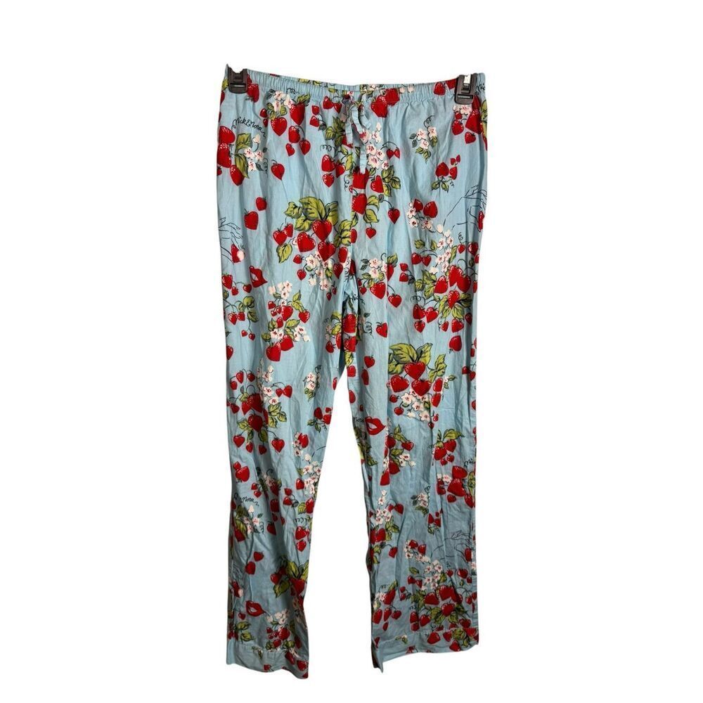 Nick & Nora Strawberry Kisses Pajama Pants Sz Small Blue Cotton Sleep Lounge